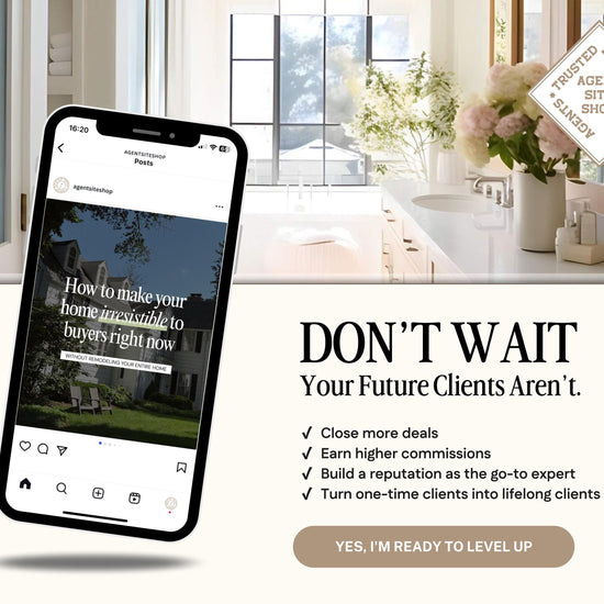 The image is an advertisement for a real estate agent's website, featuring a smartphone displaying a house photo and text promoting the agent's services.