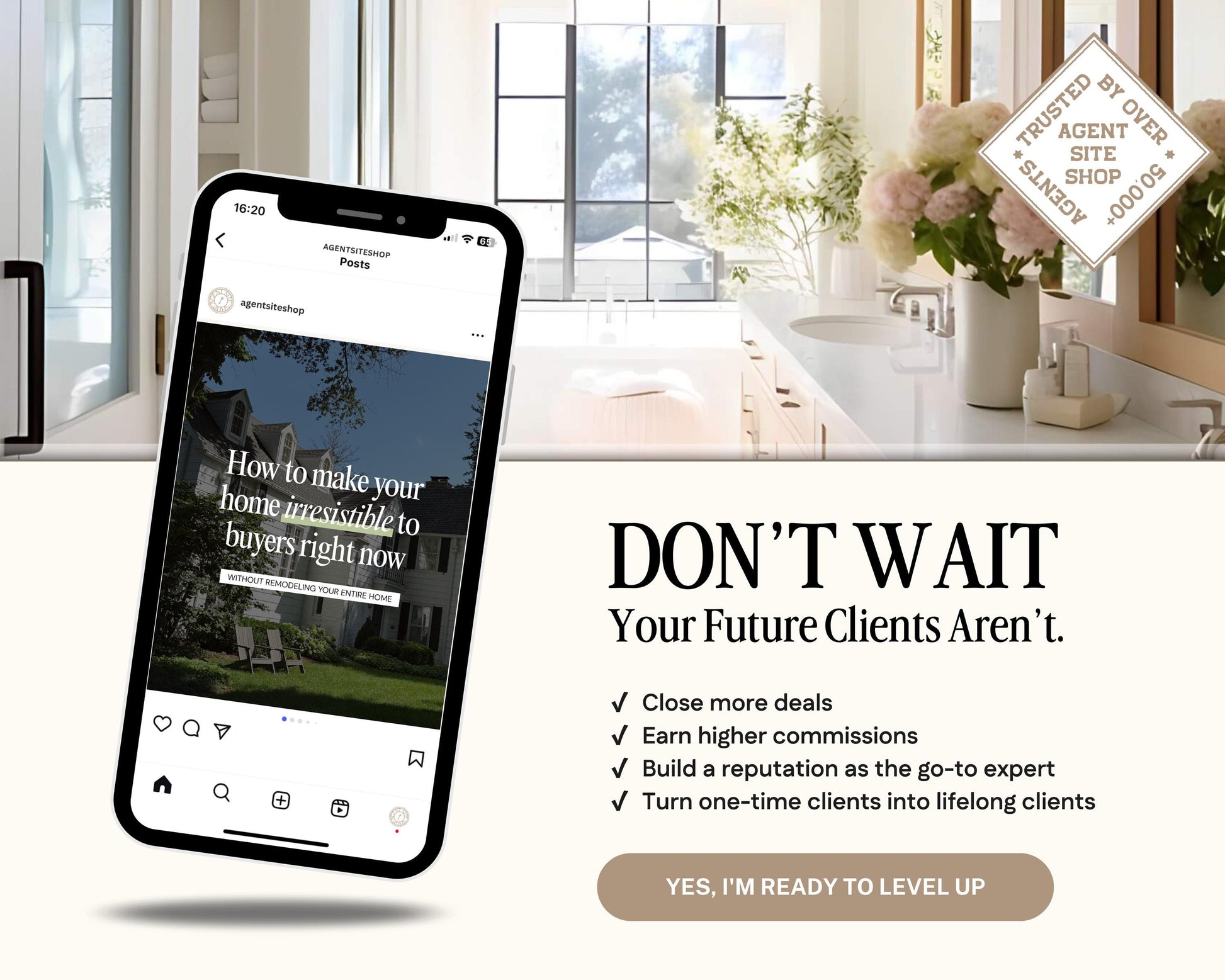 The image is an advertisement for a real estate agent's website, featuring a smartphone displaying a house photo and text promoting the agent's services.