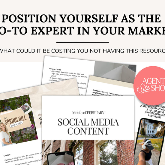 The image is a collage of various images, including a sign for a real estate agent, a brochure, and a smartphone displaying a social media post.
