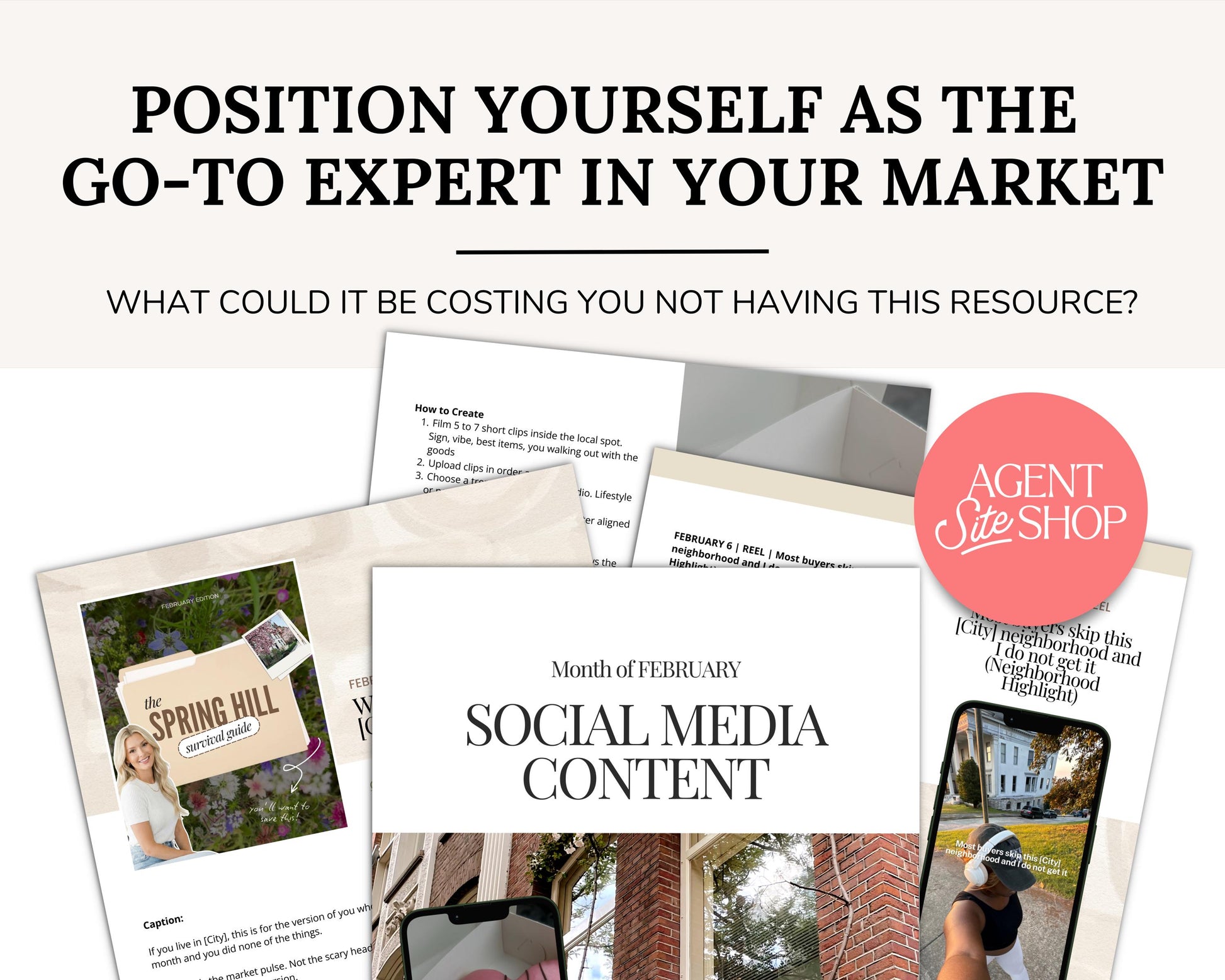 The image is a collage of various images, including a sign for a real estate agent, a brochure, and a smartphone displaying a social media post.