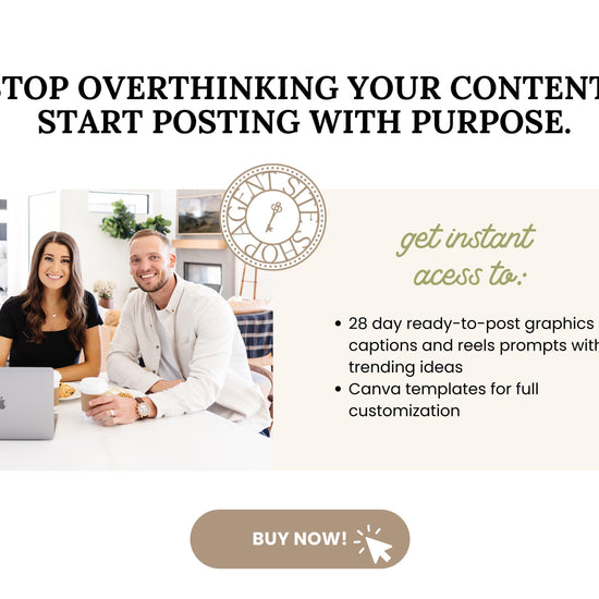 The image is a promotional advertisement for a content creation service, featuring a man and a woman sitting at a table with laptops, smiling and appearing to be engaged in a collaborative project.