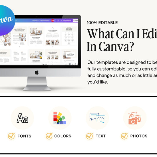 The image is a promotional graphic for a software called Canva, which allows users to create and edit various types of documents and presentations. The image features a computer monitor displaying a Canva interface, along with icons representing different editing options such as fonts, colors, text, and photos. The text on the image emphasizes that the software is 100% editable, allowing users to customize and change the elements as they wish.