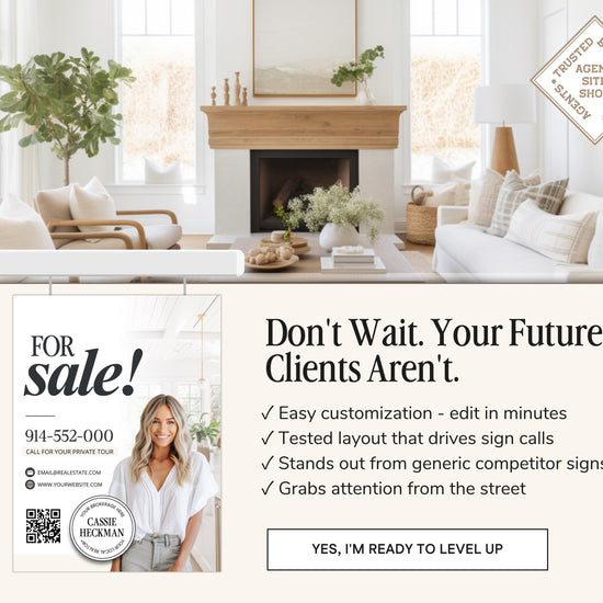 The image is a real estate advertisement featuring a woman posing in a living room with a fireplace, a couch, and a potted plant. The ad promotes a real estate agent named Cassie Realty, offering easy customization, a tested layout that drives sign calls, and the ability to grab attention from the street.