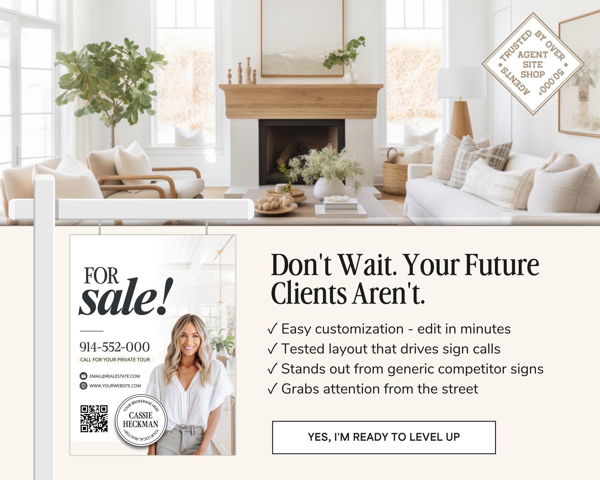 The image is a real estate advertisement featuring a woman posing in a living room with a fireplace, a couch, and a potted plant. The ad promotes a real estate agent named Cassie Realty, offering easy customization, a tested layout that drives sign calls, and the ability to grab attention from the street.