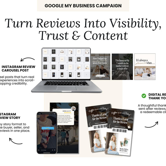 The image is a promotional graphic for a Google My Business Campaign, showcasing various ways to turn reviews into visibility, trust, and content. It includes a laptop displaying a carousel of reviews, a smartphone showing a review story, and a digital review thank you card. The image highlights the importance of reviews in driving business success and provides a step-by-step guide on how to implement this strategy.