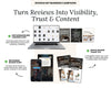 The image is a promotional graphic for a Google My Business Campaign, showcasing various ways to turn reviews into visibility, trust, and content. It includes a laptop displaying a carousel of reviews, a smartphone showing a review story, and a digital review thank you card. The image highlights the importance of reviews in driving business success and provides a step-by-step guide on how to implement this strategy.