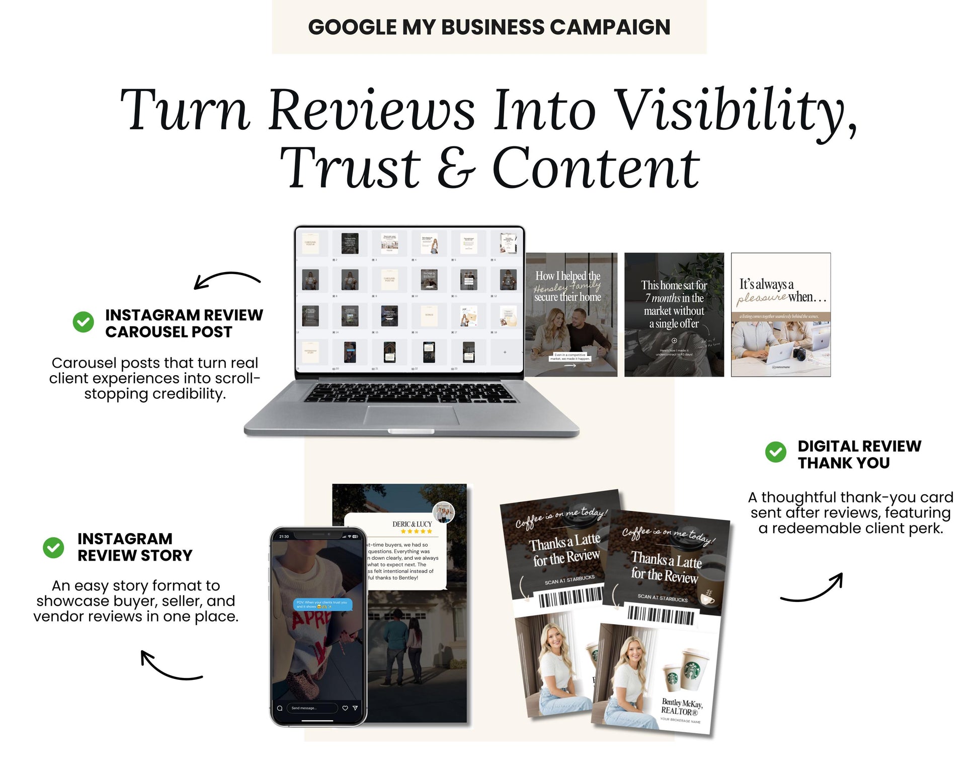 The image is a promotional graphic for a Google My Business Campaign, showcasing various ways to turn reviews into visibility, trust, and content. It includes a laptop displaying a carousel of reviews, a smartphone showing a review story, and a digital review thank you card. The image highlights the importance of reviews in driving business success and provides a step-by-step guide on how to implement this strategy.