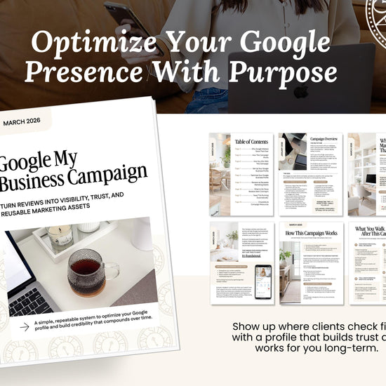 The image is a promotional graphic for a book titled "Google My Business Campaign" that provides tips on optimizing Google presence with purpose. The book cover features a laptop and a coffee cup, suggesting a focus on technology and productivity. The text on the book cover and the accompanying images highlights the importance of building trust and working for long-term success.