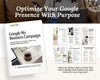 The image is a promotional graphic for a book titled "Google My Business Campaign" that provides tips on optimizing Google presence with purpose. The book cover features a laptop and a coffee cup, suggesting a focus on technology and productivity. The text on the book cover and the accompanying images highlights the importance of building trust and working for long-term success.