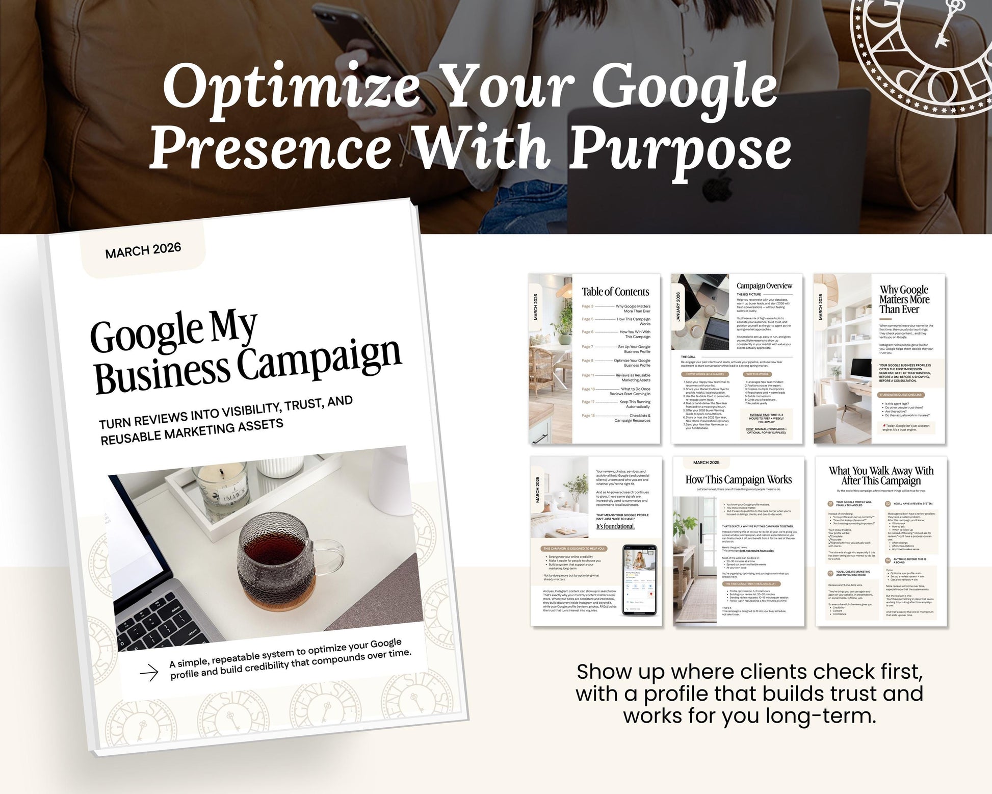 The image is a promotional graphic for a book titled "Google My Business Campaign" that provides tips on optimizing Google presence with purpose. The book cover features a laptop and a coffee cup, suggesting a focus on technology and productivity. The text on the book cover and the accompanying images highlights the importance of building trust and working for long-term success.
