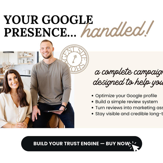 a man and a woman sitting together in a kitchen, with a clock visible in the background. The text overlay provides information about a service related to Google and marketing, including tips for optimizing Google profile, building a review system, and turning reviews into marketing assets.