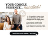 a man and a woman sitting together in a kitchen, with a clock visible in the background. The text overlay provides information about a service related to Google and marketing, including tips for optimizing Google profile, building a review system, and turning reviews into marketing assets.
