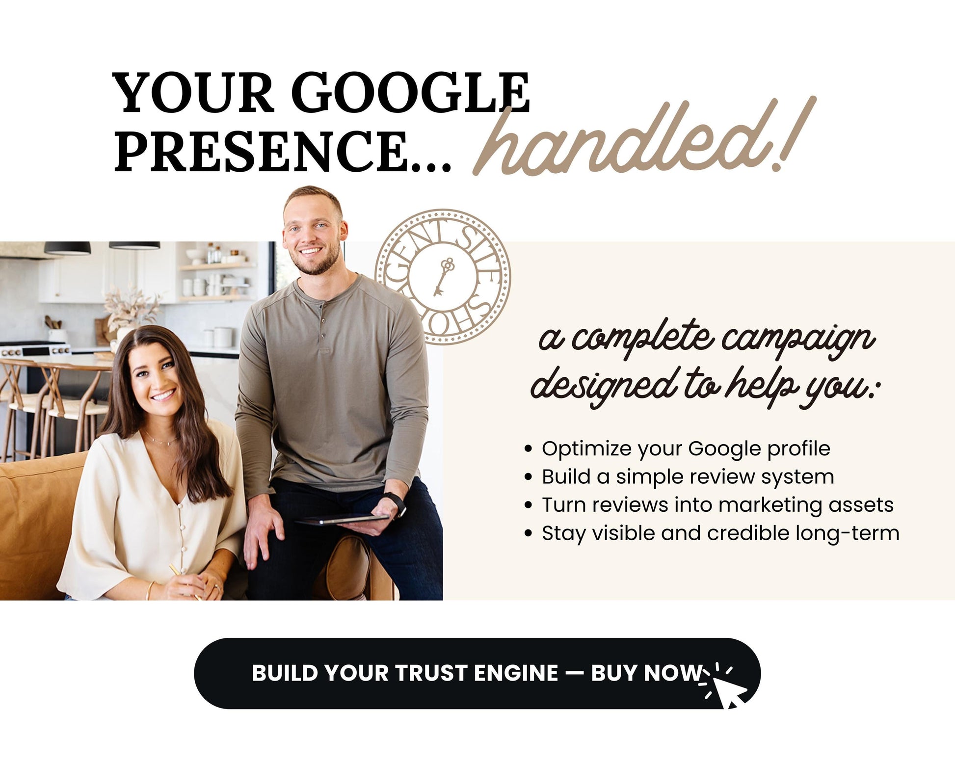 a man and a woman sitting together in a kitchen, with a clock visible in the background. The text overlay provides information about a service related to Google and marketing, including tips for optimizing Google profile, building a review system, and turning reviews into marketing assets.