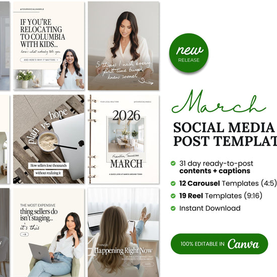 a collection of social media post templates for March, including various layouts and content ideas.
