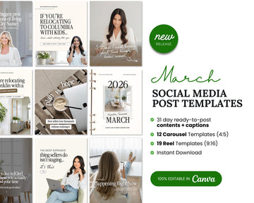 a collection of social media post templates for March, including various layouts and content ideas.