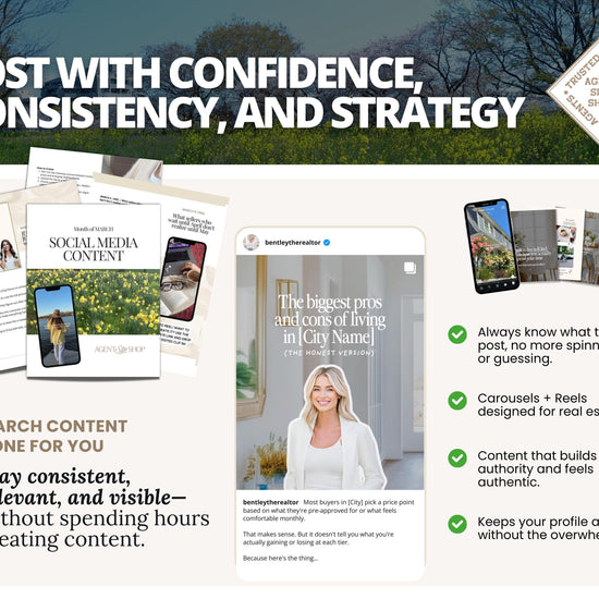 The image is a promotional graphic for a real estate marketing service, featuring a woman in a white blouse and a smartphone. The text highlights the importance of posting consistent, relevant, and visible content, as well as the benefits of using a mobile app for real estate marketing.
