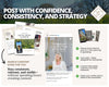 The image is a promotional graphic for a real estate marketing service, featuring a woman in a white blouse and a smartphone. The text highlights the importance of posting consistent, relevant, and visible content, as well as the benefits of using a mobile app for real estate marketing.
