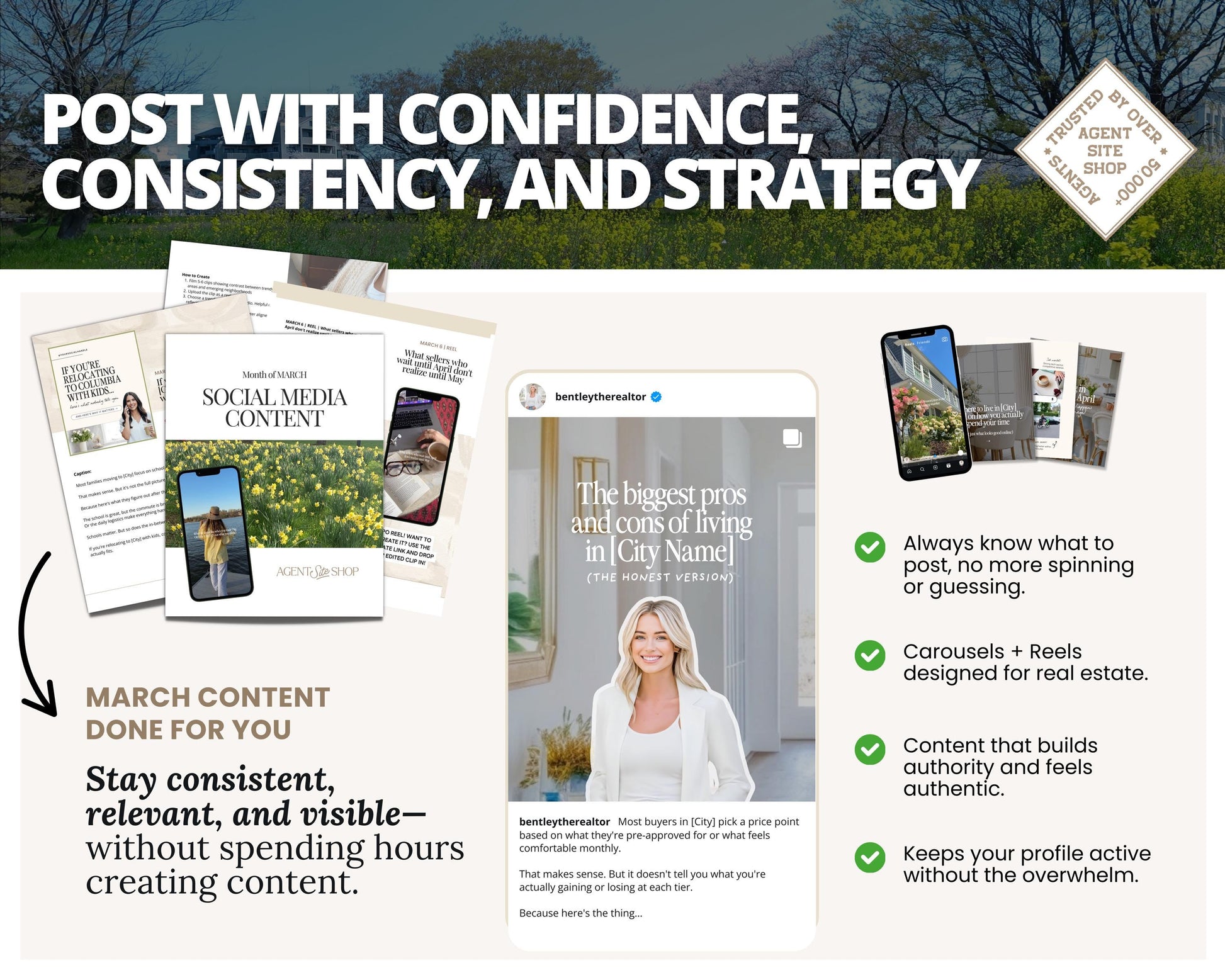 The image is a promotional graphic for a real estate marketing service, featuring a woman in a white blouse and a smartphone. The text highlights the importance of posting consistent, relevant, and visible content, as well as the benefits of using a mobile app for real estate marketing.