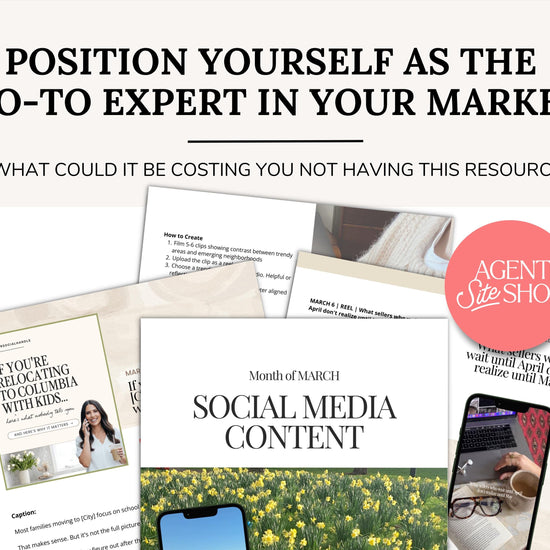 The image is a collage of various images related to marketing and social media content, including a person, a phone, and a grassy field.