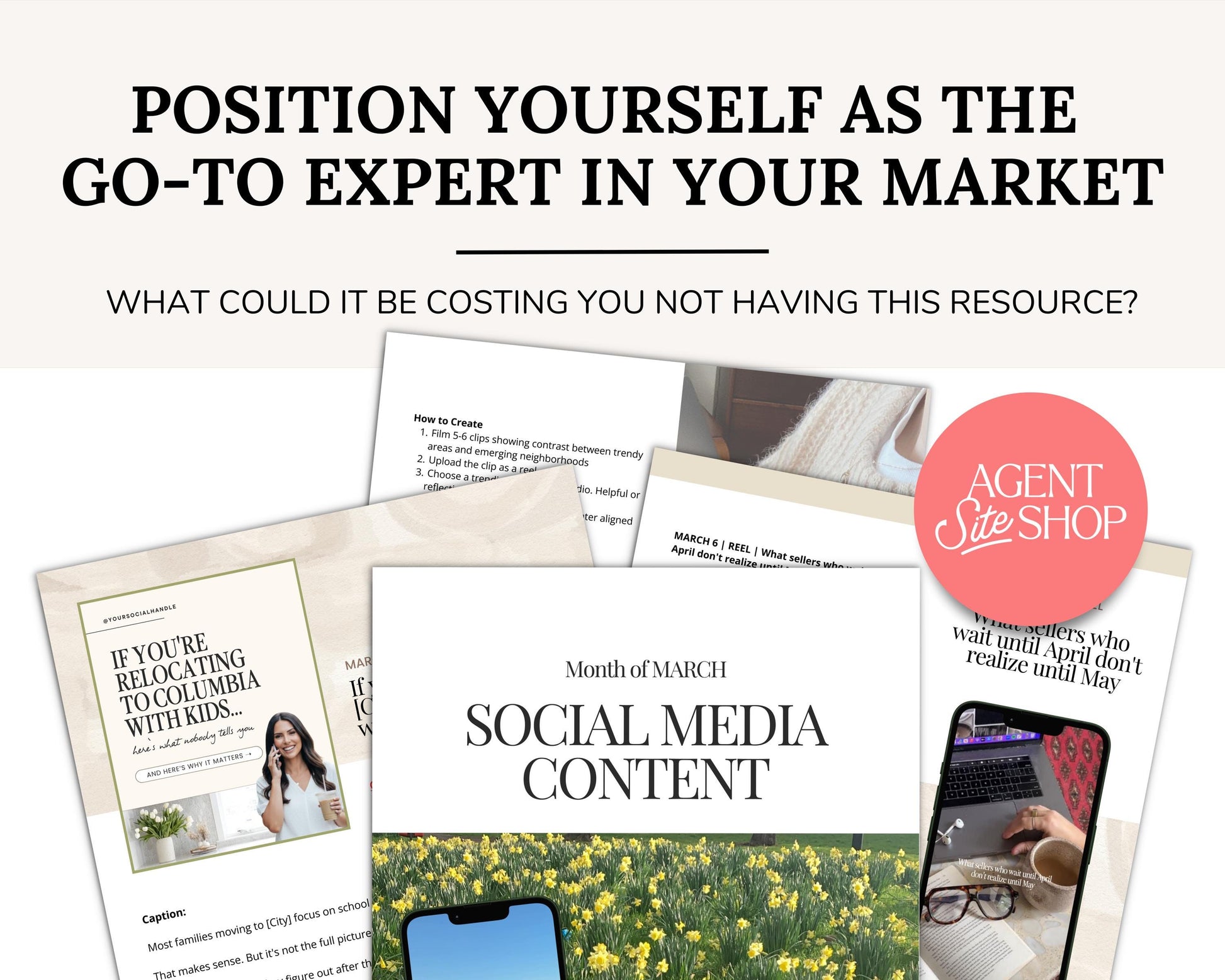 The image is a collage of various images related to marketing and social media content, including a person, a phone, and a grassy field.
