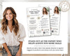 A smiling woman in a white blouse stands next to a flyer promoting a real estate company.