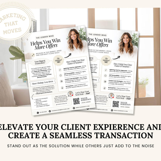 The image is a promotional flyer for a company called "The Lender Who Helps You Win More Offers". The flyer features a woman's face and text promoting the company's services. The flyer is displayed on a wall with a window in the background.