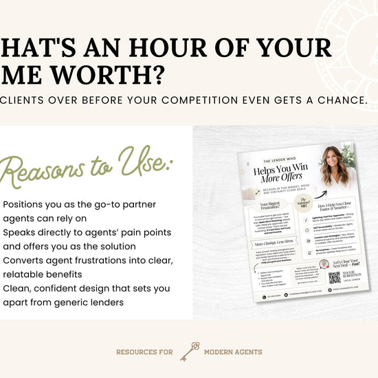 The image is a promotional graphic for a company that provides services to modern agents. It features a clock, a plant, and a brochure with text and bullet points. The text highlights the benefits of using the company's services, such as positions as a go-to partner, direct communication with pain points, conversion of agent frustrations, and a clean, confident design. The company's logo and website are also visible in the image.