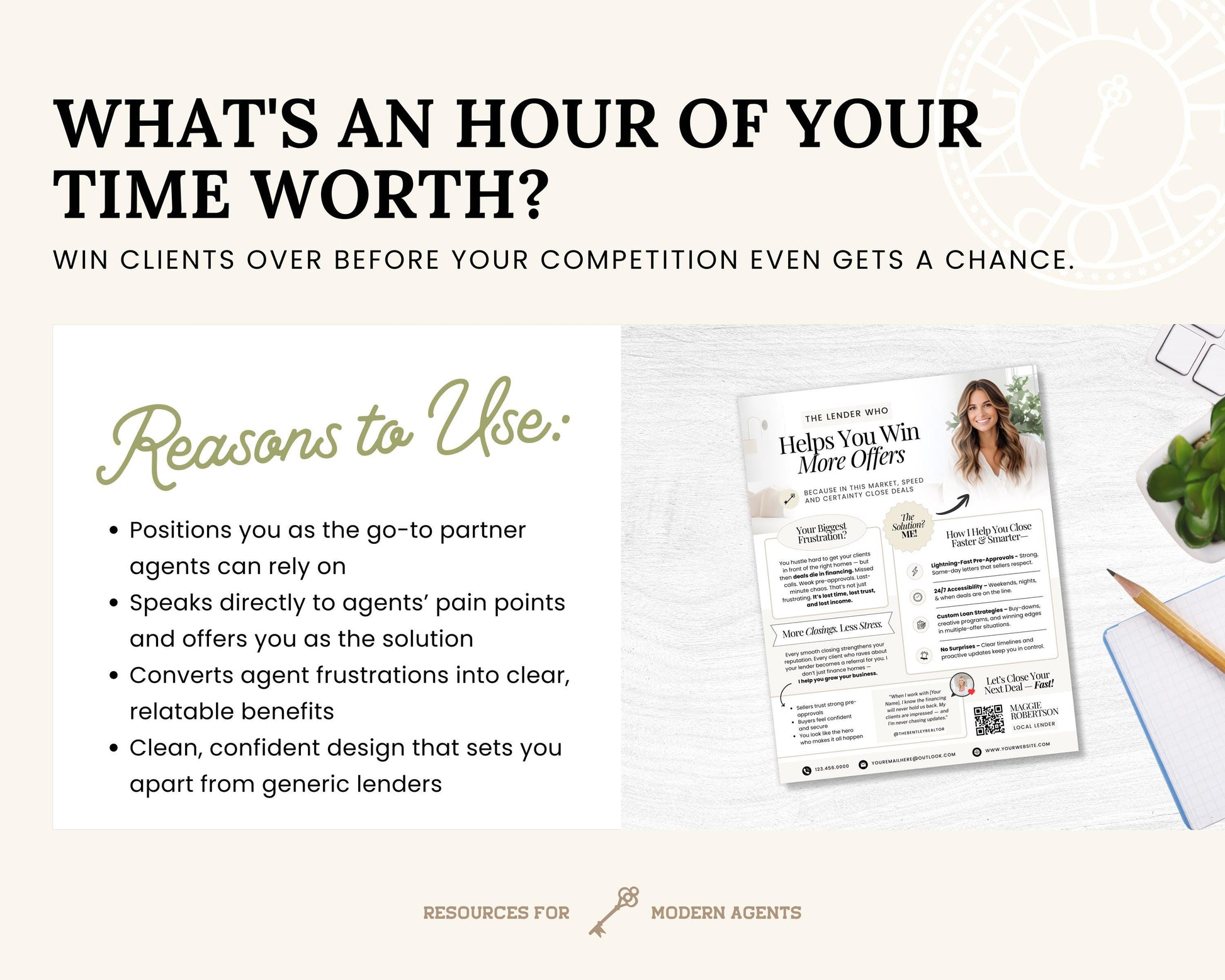 The image is a promotional graphic for a company that provides services to modern agents. It features a clock, a plant, and a brochure with text and bullet points. The text highlights the benefits of using the company's services, such as positions as a go-to partner, direct communication with pain points, conversion of agent frustrations, and a clean, confident design. The company's logo and website are also visible in the image.