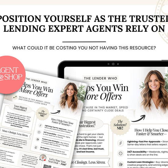 The image is an advertisement for a lending expert service, featuring a woman smiling and a tablet displaying information about the service.