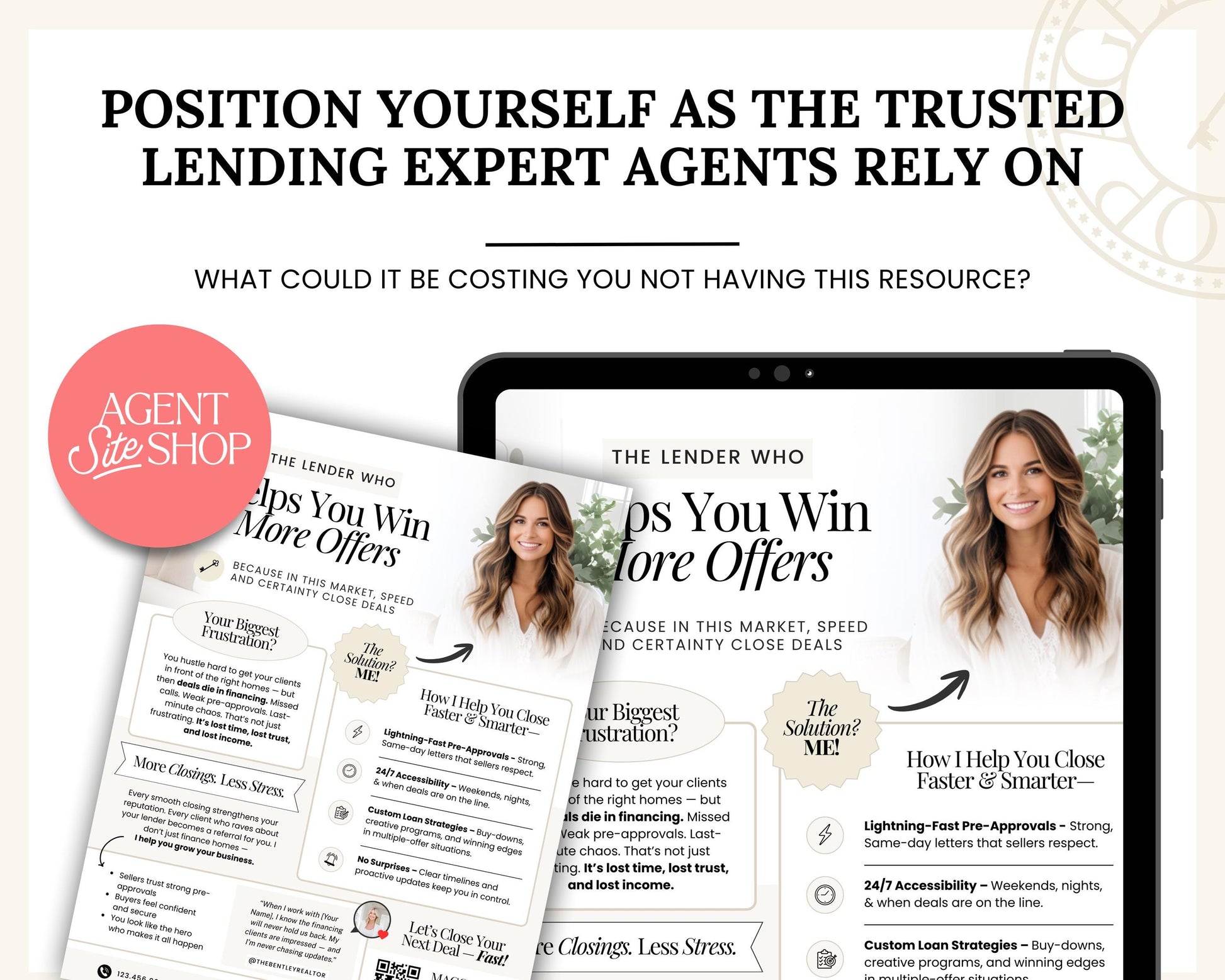 The image is an advertisement for a lending expert service, featuring a woman smiling and a tablet displaying information about the service.