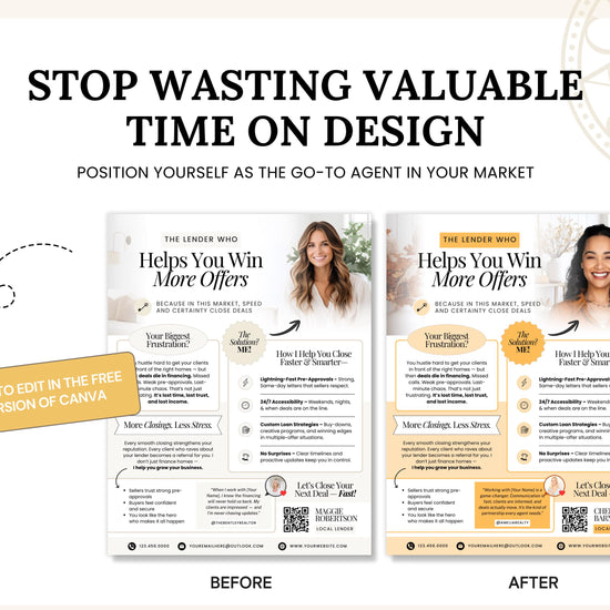 The image is a collage of three flyers or posters, each featuring a woman smiling and promoting a lending service. The text on the flyers highlights the lending service's ability to help customers win more offers and mentions that the lending service is available in the market. The flyers also include a call to action for the viewer to "position themselves as the go-to agent in their market" and provide a free version of the Canva tool for editing.