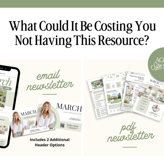 The image is a collage of two images, one showing a mobile phone and the other displaying brochures or flyers. The text asks "What Could It Be Costing You Not Having This Resource?" and includes information about a real estate agent's services, such as an email newsletter and a free download of a brochure.