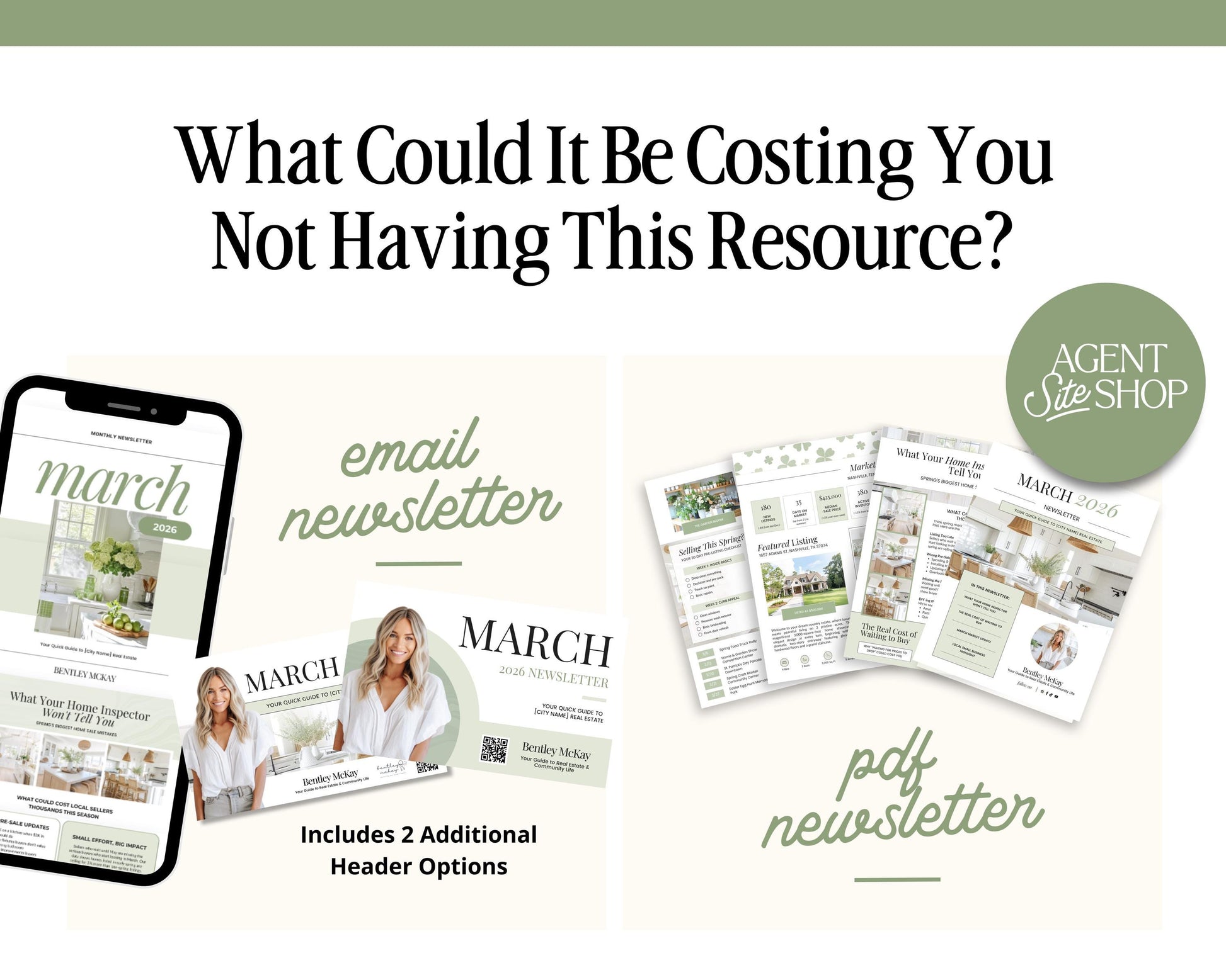 The image is a collage of two images, one showing a mobile phone and the other displaying brochures or flyers. The text asks "What Could It Be Costing You Not Having This Resource?" and includes information about a real estate agent's services, such as an email newsletter and a free download of a brochure.