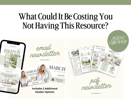 The image is a collage of two images, one showing a mobile phone and the other displaying brochures or flyers. The text asks "What Could It Be Costing You Not Having This Resource?" and includes information about a real estate agent's services, such as an email newsletter and a free download of a brochure.