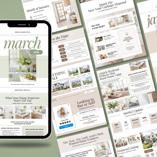 The image is a collage of various real estate-related images, including property listings, interior design, and home inspection details. The collage is spread across a surface, with the smartphone displaying the "March 2021 Monthly newsletter" and a list of features and benefits for the content.