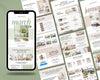 The image is a collage of various real estate-related images, including property listings, interior design, and home inspection details. The collage is spread across a surface, with the smartphone displaying the "March 2021 Monthly newsletter" and a list of features and benefits for the content.