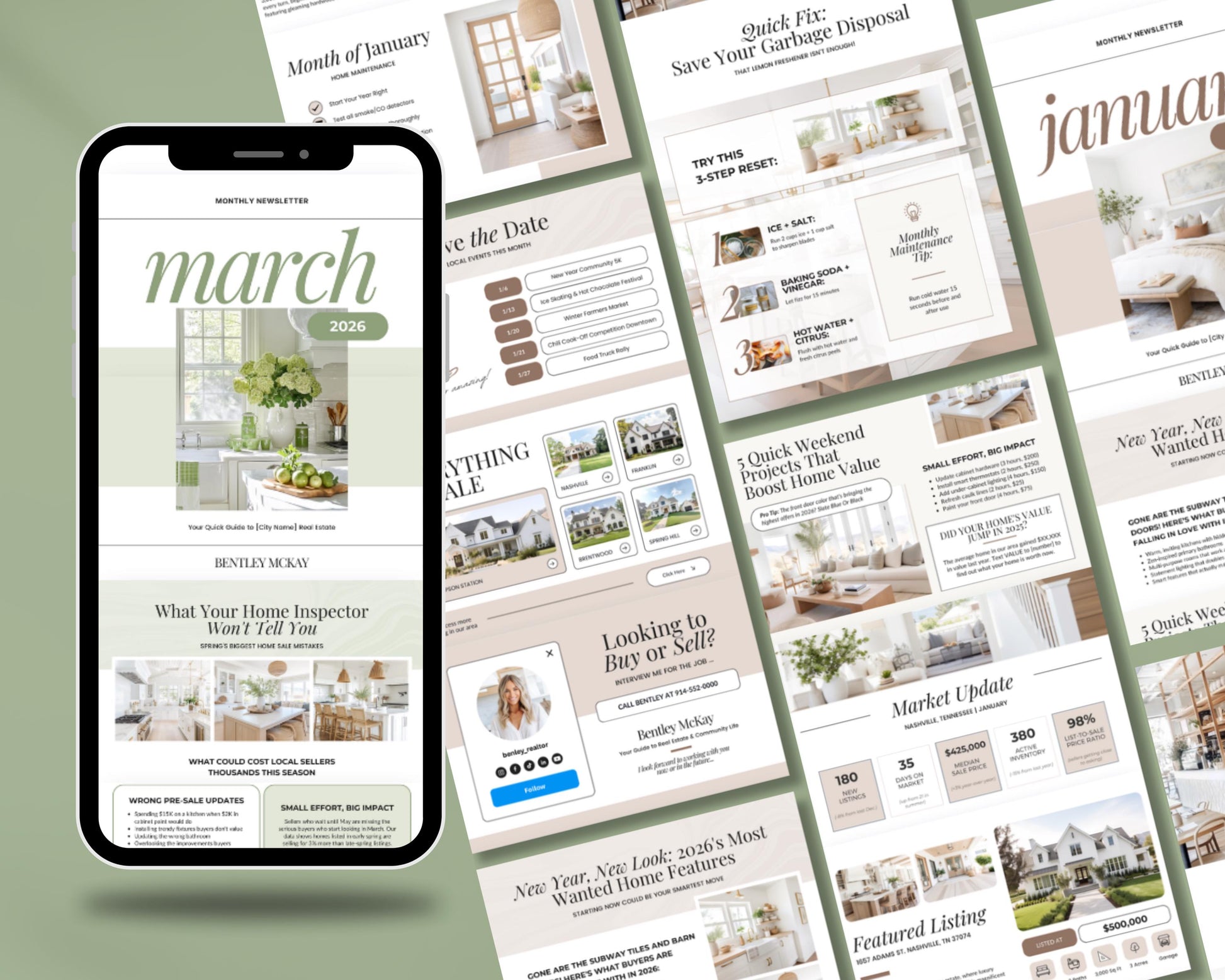 The image is a collage of various real estate-related images, including property listings, interior design, and home inspection details. The collage is spread across a surface, with the smartphone displaying the "March 2021 Monthly newsletter" and a list of features and benefits for the content.