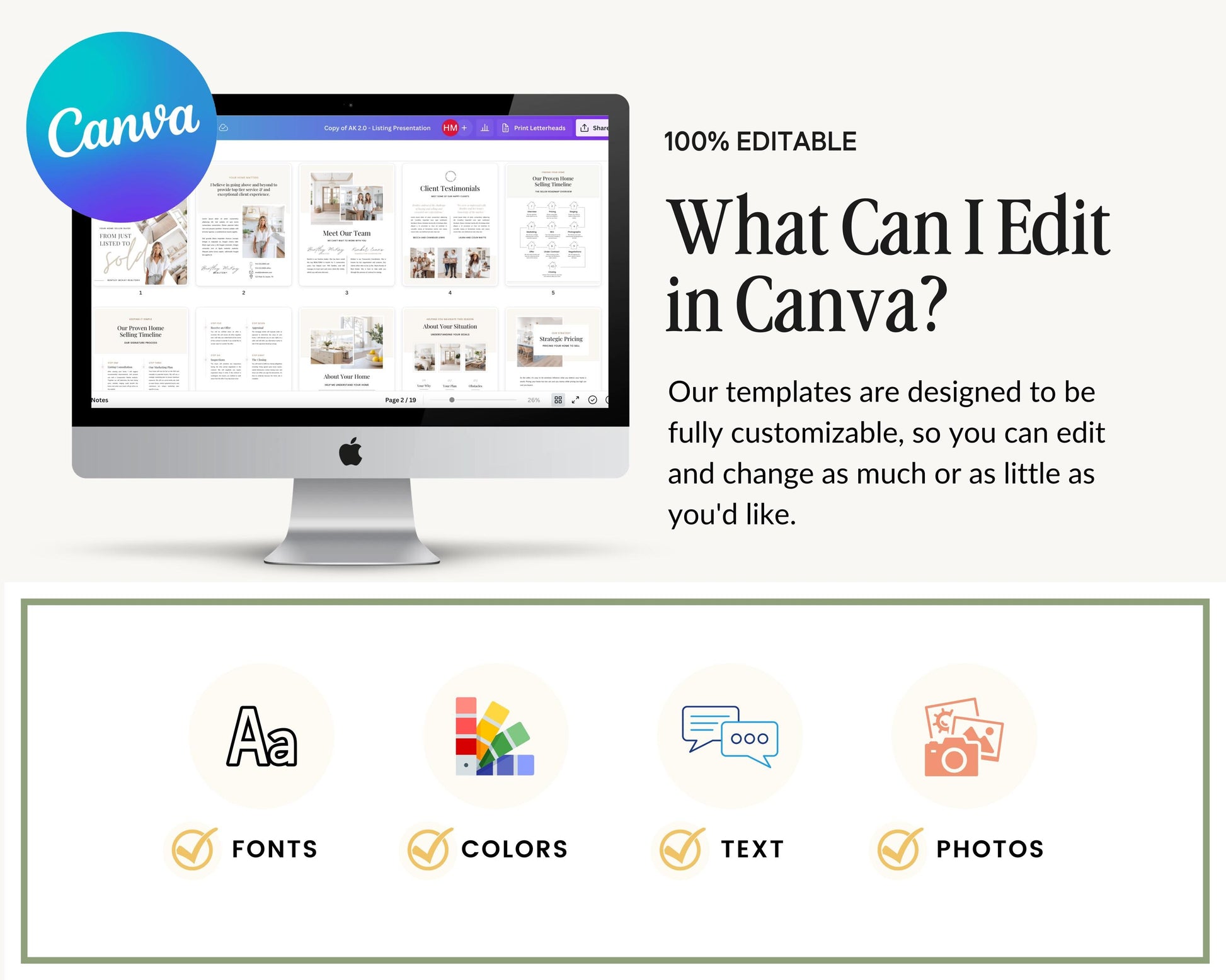 The image is a promotional graphic for a software called Canva, which allows users to create and edit various types of documents and presentations. The image features a computer monitor displaying a Canva interface, along with a list of editing options such as Fonts, Colors, Text, and Photos. The text on the image emphasizes the software's 100% editable nature, allowing users to customize and change the elements of their documents and presentations as desired.
