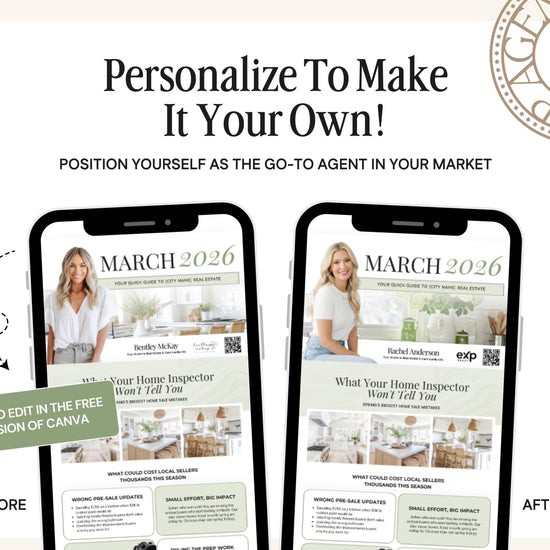 The image is a promotional image for a real estate agent named Rachel Anderson. It features two smartphones displaying the same image of a woman posing in a home inspection setting. The text on the image indicates that the agent is offering a "March 26th" home inspection service, which is a free update for the "CYA Guide to City Name Agent Expeditions". The image also highlights the agent's ability to position herself as the go-to agent in the market by offering personali