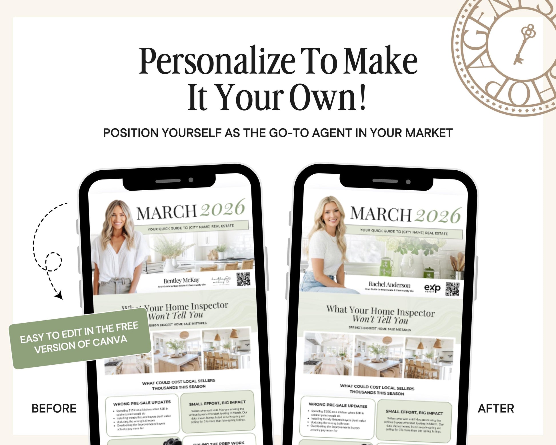The image is a promotional image for a real estate agent named Rachel Anderson. It features two smartphones displaying the same image of a woman posing in a home inspection setting. The text on the image indicates that the agent is offering a "March 26th" home inspection service, which is a free update for the "CYA Guide to City Name Agent Expeditions". The image also highlights the agent's ability to position herself as the go-to agent in the market by offering personali