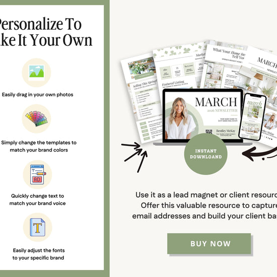 The image is an advertisement for a service called "Personalize To Make It Your Own", which allows users to easily customize their own photos, change the templates to match their brand colors, and quickly adjust text to match their brand voice. The ad also encourages users to use the service as a lead magnet or client resource to capture email addresses and build their client base.