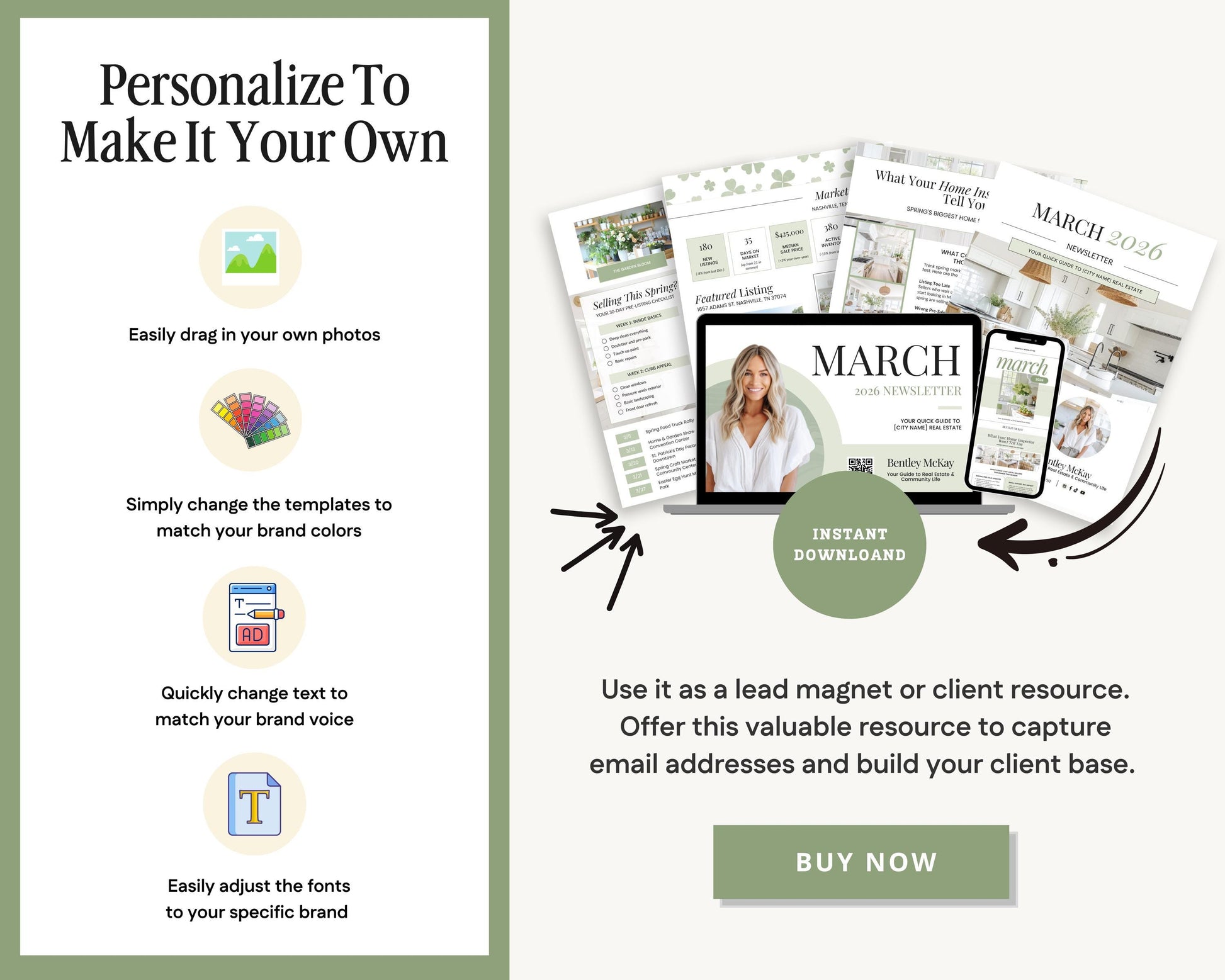 The image is an advertisement for a service called "Personalize To Make It Your Own", which allows users to easily customize their own photos, change the templates to match their brand colors, and quickly adjust text to match their brand voice. The ad also encourages users to use the service as a lead magnet or client resource to capture email addresses and build their client base.