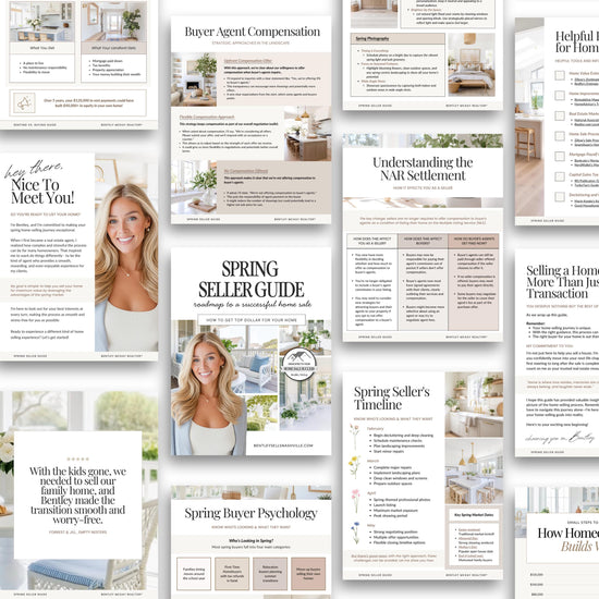 a collage of various real estate-related documents and materials, including brochures, guides, and listings, all related to the spring seller's guide.