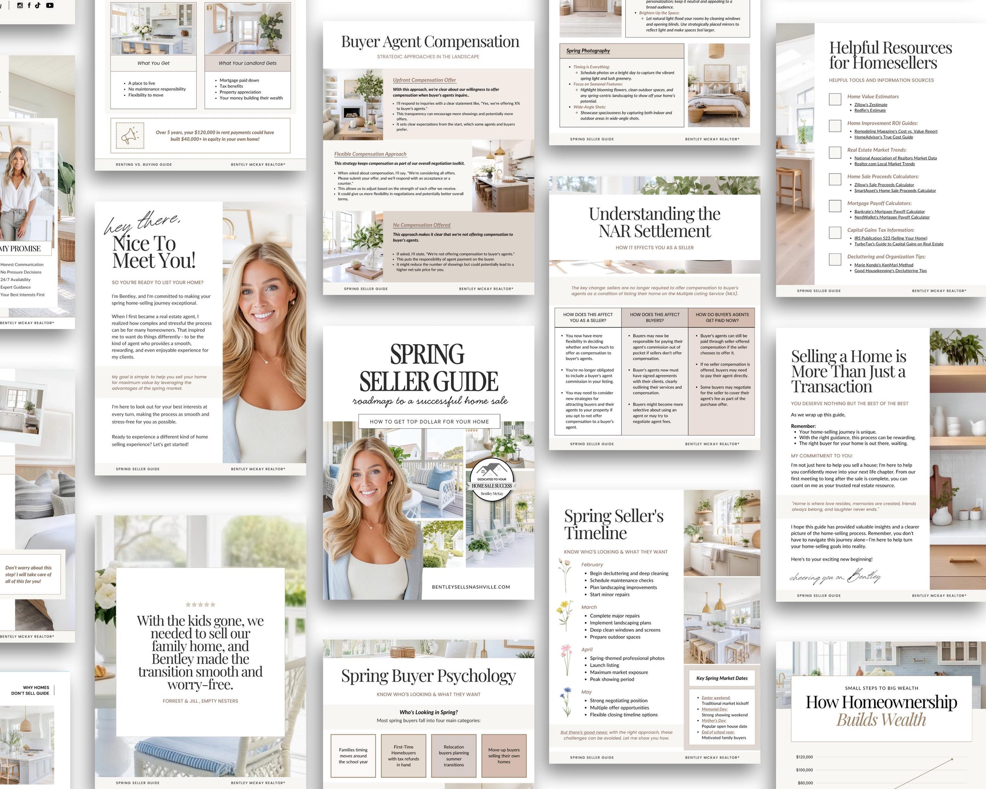 a collage of various real estate-related documents and materials, including brochures, guides, and listings, all related to the spring seller's guide.