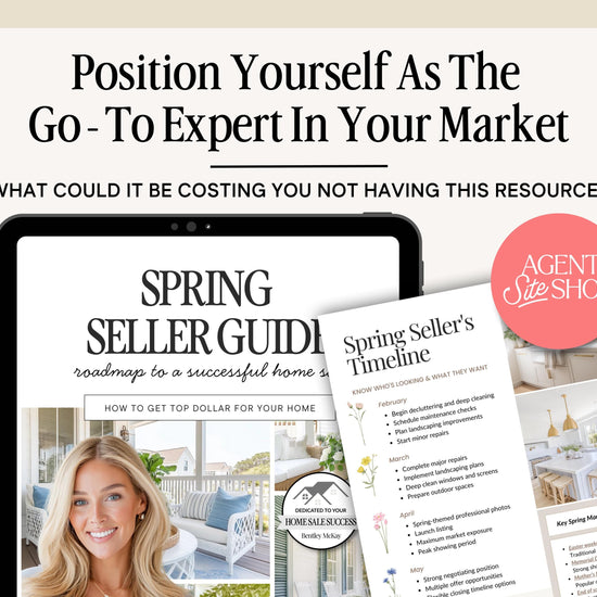 The image is a promotional graphic for a real estate guide, featuring a smiling woman and a tablet displaying the guide's title and content.