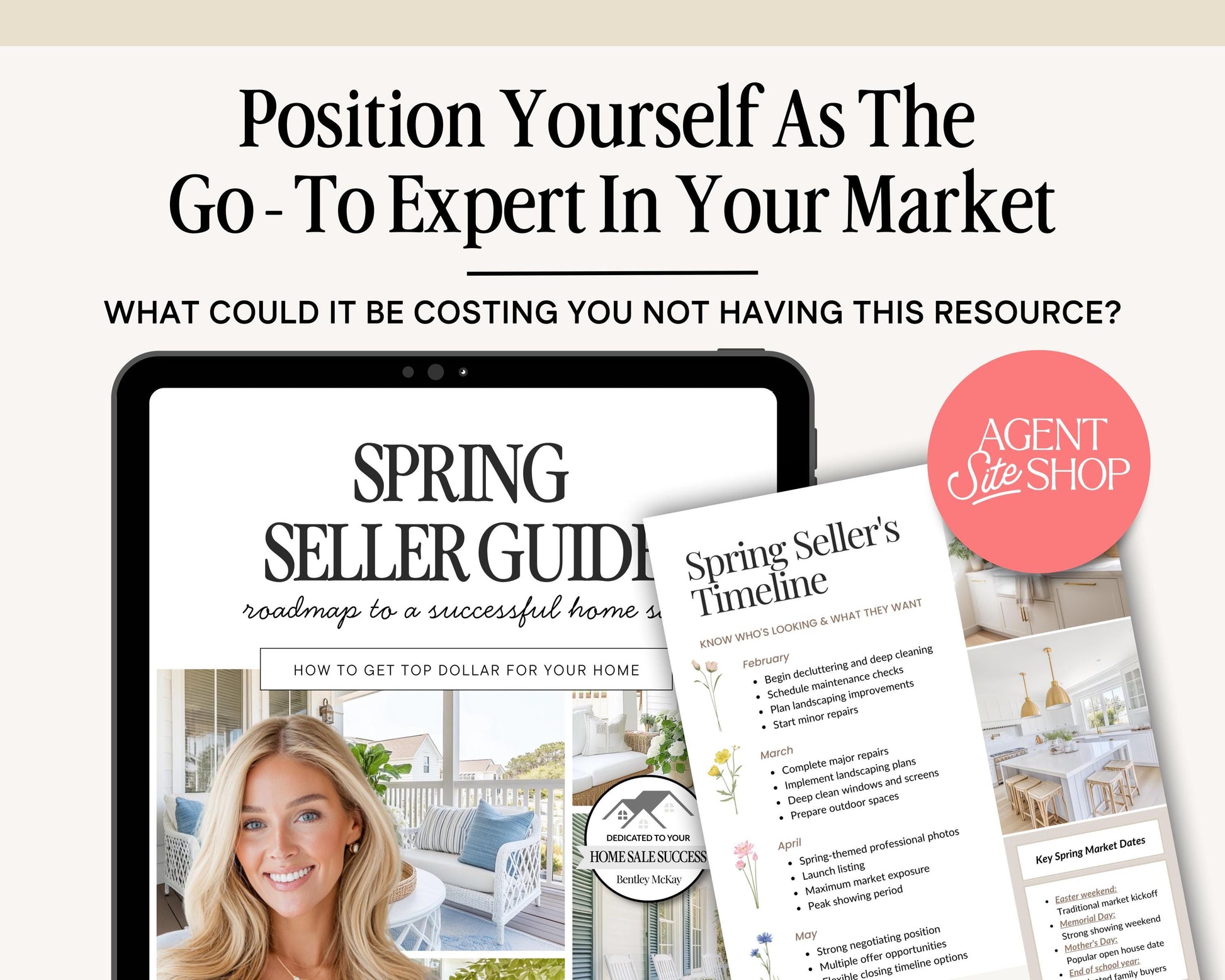 The image is a promotional graphic for a real estate guide, featuring a smiling woman and a tablet displaying the guide's title and content.