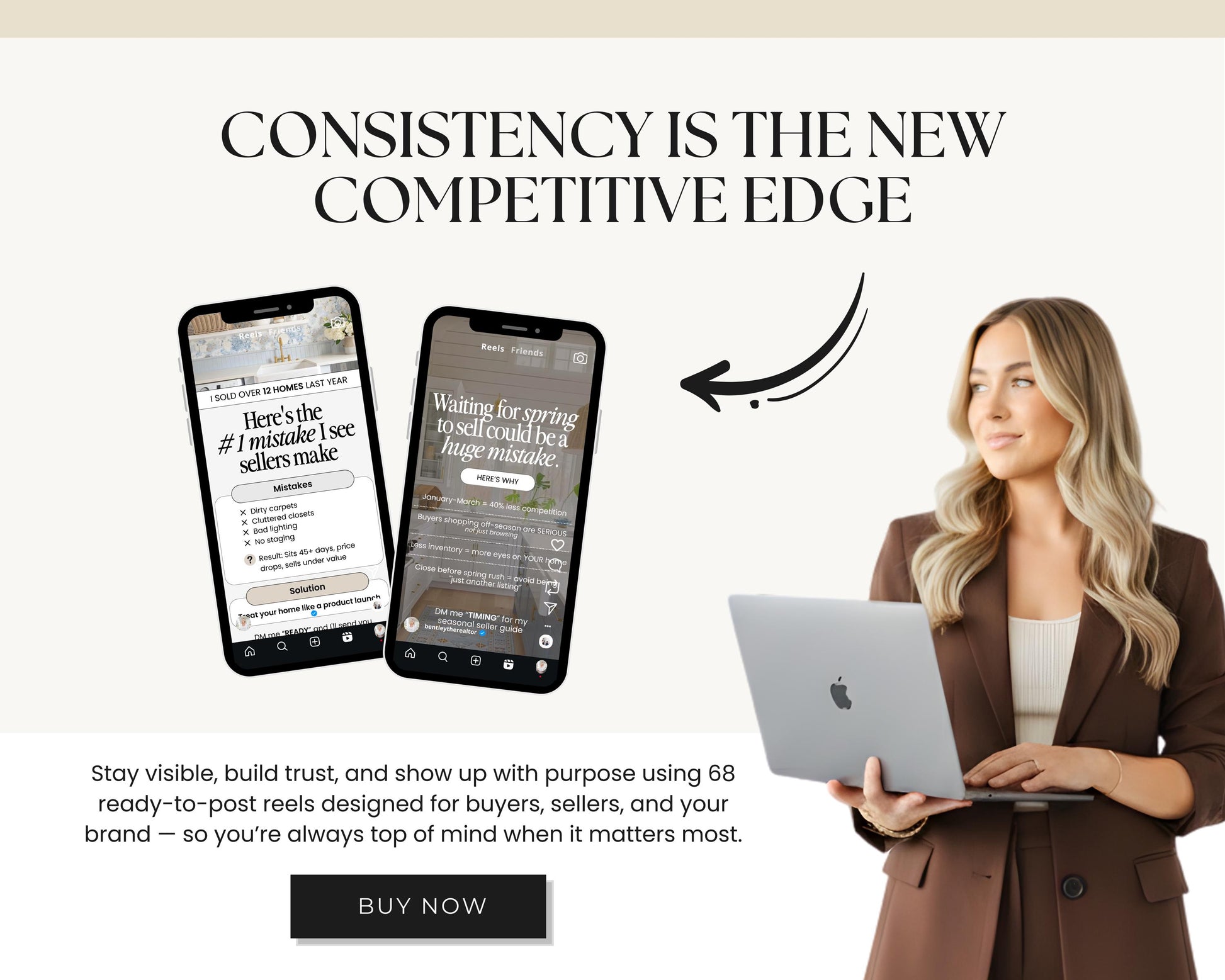 a woman holding a laptop and a smartphone, both displaying a product or service related to real estate. The woman is wearing a brown jacket and appears to be in a professional setting.