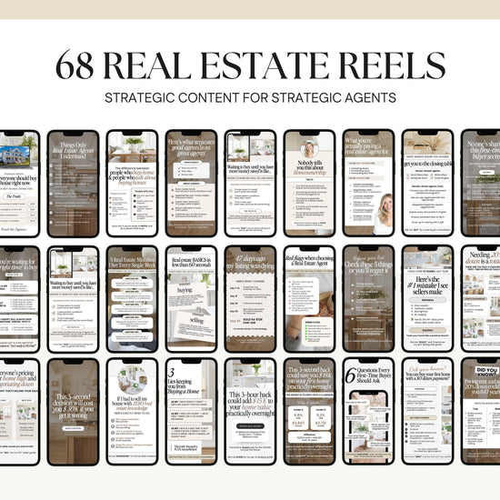 a collection of real estate-related mobile phone screens displaying various real estate-related content, including tips, advice, and information for strategic agents.
