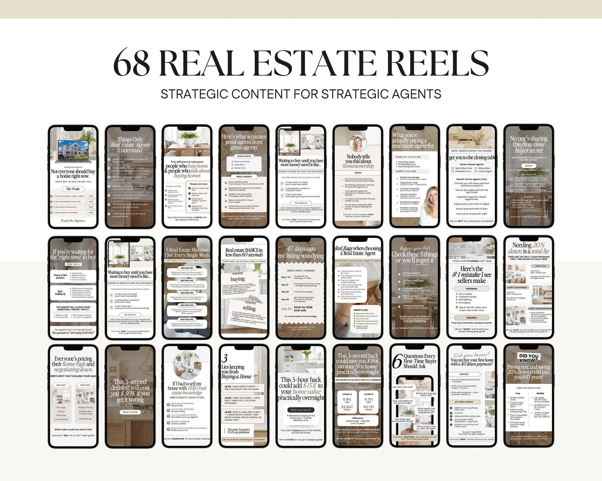 a collection of real estate-related mobile phone screens displaying various real estate-related content, including tips, advice, and information for strategic agents.