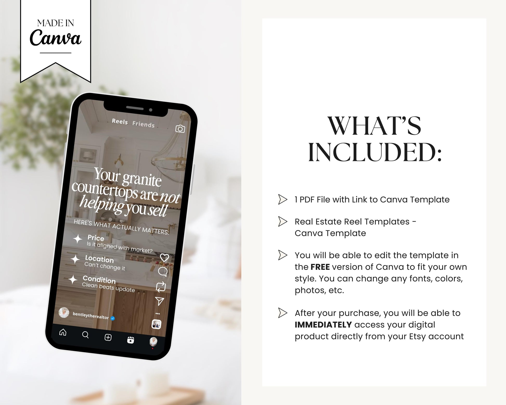 a smartphone displaying a screenshot of a real estate app with a list of options and a free canvas template.